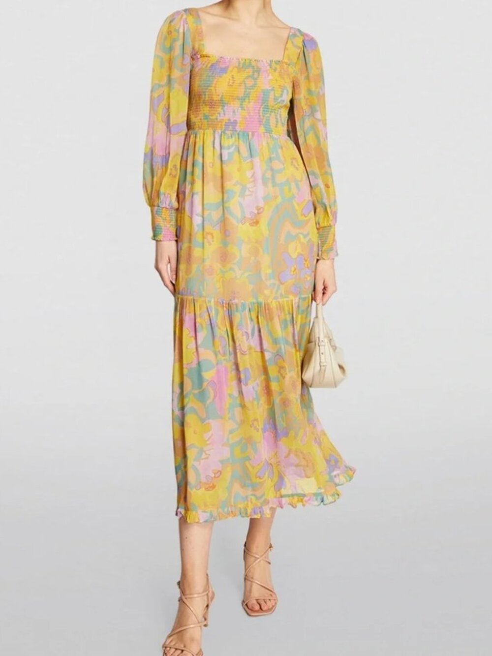 NWT RIXO Yas Shirred Maxi Dress Yellow Floral S (6) Romantic Boho